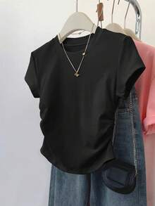 INAWLY 女士户外上衣三件套，香槟色、摩卡棕色、黑色，夏季新品，修身褶皱T恤，时尚百搭，街头风上镜单品，必备单品，返校季必备，吸睛夏季短袖女式T恤 - 彩色 - 查看 5