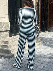 SHEIN Bộ đồ bầu 2 món: Áo dài tay họa tiết sọc cổ vuông viền ren và quần dài - Xanh và trắng - Xem 2