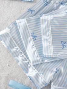 Pj Sets Tween Girls Silk  4-Piece Set - Blue White Bow Stripe Satin Silk Pajamas Set Bow Stripe Print Design Blue White Elegant Color Satin Silk Fabric Short Sleeve Shirt Camisole Shorts Pants 4-Piece Combo Social Media Style Elegant 2026 New Year Holiday Essential Teen Girls Satin Silk Home 4-Piece Set Light Blue Pj Set
