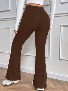 Almamuse 女士休闲日常百搭修身保暖高腰喇叭裤，松紧腰，黑色，冬季款 - 鏽棕色 - 查看 2