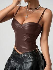 SHEIN ICON 1件女士纯色PU皮革休闲百搭修身吊带背心 - 巧克力棕 - 查看 3