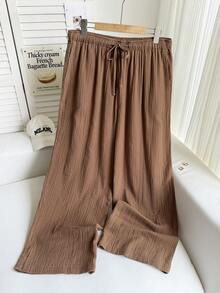 Comfortcana 大码女式纯色褶皱纹理宽松抽绳腰带系带阔腿休闲宽松阔腿裤，夏季，夏裤 - 棕色 - 查看 6