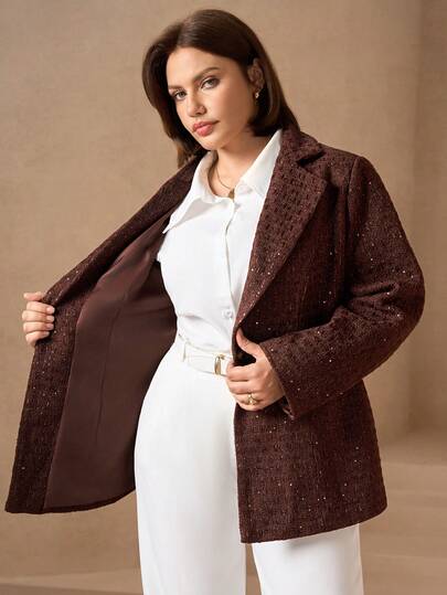 Chikora Plus Size Women Lapel Neck Long Sleeve Single Button Elegant Blazer Plaid Print Blazer, Fashionable Work Wear,2025 New,Plus Size Women Casual Lapel Neck Pocket Blazer, Autumn,Curvy Plus Size Women's Khaki Suit Collar Long Sleeve High Quality Fabric Tweed With Inner Lining And Pockets,Comfortable And Warm From The Cold,Plus Size Women Long Sleeve Pockets Casual,Fall Women, Winter For Women,Vintage,Going Out,Fall,Winter Blazer