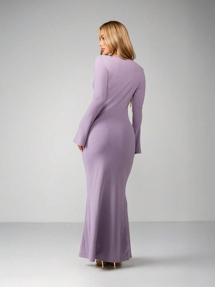 MISSGUIDED Vestido Longo Maxi Colado de Manga Longa com Decote Quadrado para Ocasiões de Festa à Noite - Roxo - Visão 2