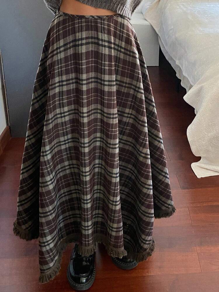 Women's Elegant Asymmetrical Fringe Hem A-Line Skirt, Loose Fit Colorblock Plaid Pattern, Suitable For Autumn/Winter Y2k