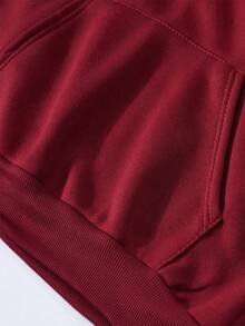 SHEIN 女士字母印花长袖口袋休闲卫衣，带保暖内衬，秋冬款 - 酒紅色 - 查看 4