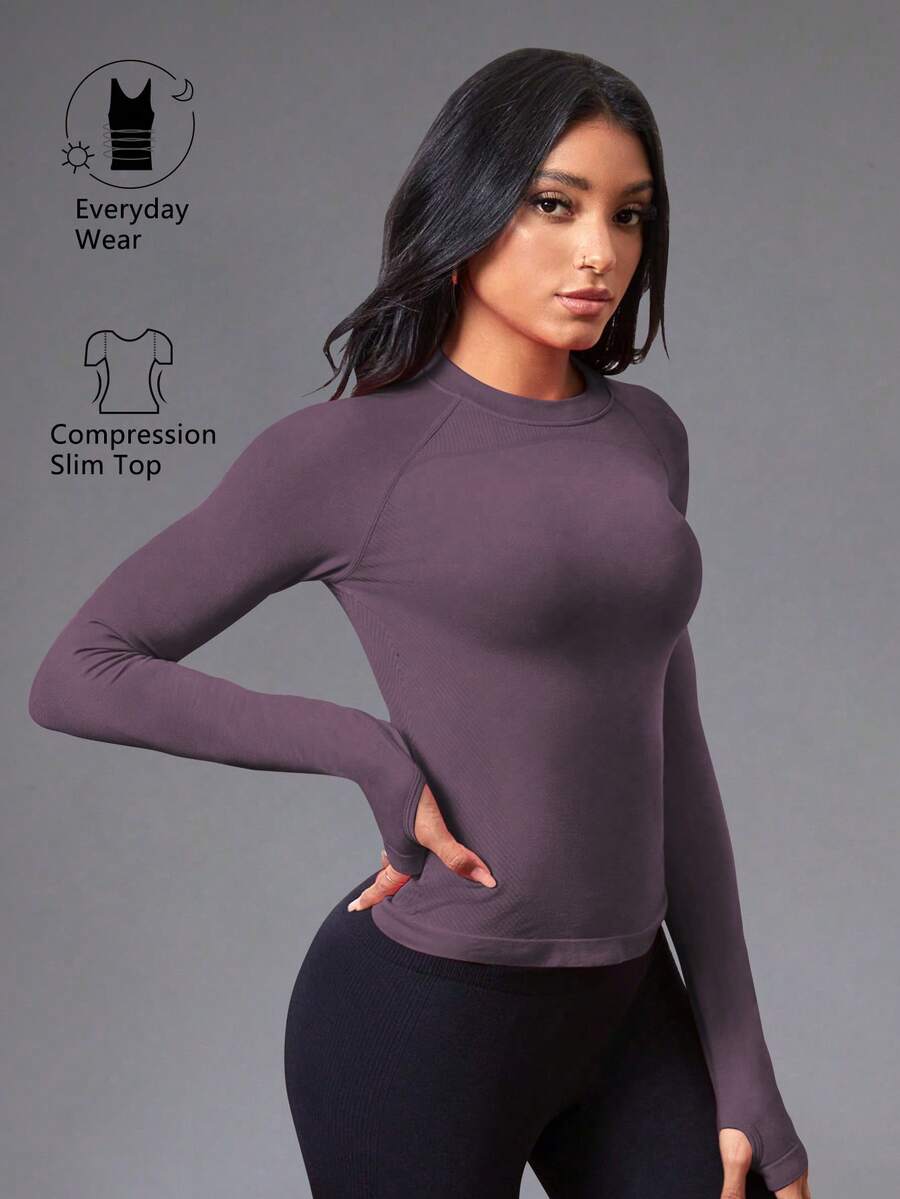 Eassivo Eassivo Women's Solid Color Round Neck Raglan Sleeve Fitted Sports T-Shirt/Seamless/Thumb Hole - Purple - View 1