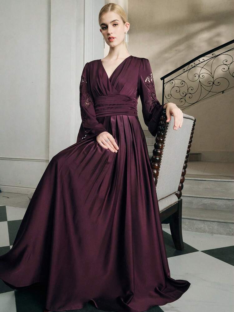 Women's Autumn/Winter New Long Sleeve Embroidered Elegant Dress, Burgundy & Coffee Color, Suitable For Formal Occasions, Christmas Party