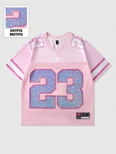 ROMWE MEN Prep Men's Shiny Diamond Ball Graphic Short Sleeve Sports Jersey T-Shirt With Mesh Fabric Patchwork