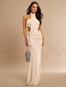 Silquee Women's Beach Dress, Spring/Summer Resort Style, Wrap-Around Asymmetrical Draped Extra-Long Fishtail Bodycon Dress With Cutout Design, Beach Outfit For Women, Long Summer Dress For Women. Halter Tie-Up Asymmetric Ruched Maxi Mermaid Dress For Women, Suitable For Valentine's Day, Christmas, Date/Outing/Nightclub Party/Gathering, Elegant Party, Daily Date, Bridesmaid - Grey - View 1
