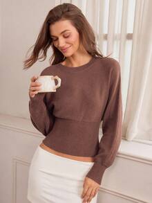Hanevo Áo len dệt kim cổ tròn, eo rút dây, dáng ôm, màu trơn, đa năng cho mùa thu/đông - Màu nâu  Mocha - Xem 7