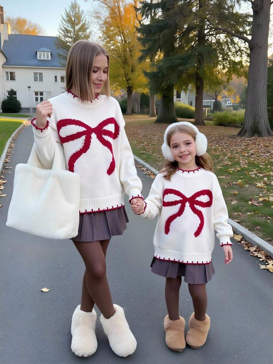 SHEIN Tween Girls' Casual Loose Fit Bowknot Pattern Round Neck Drop Shoulder Long Sleeve Sweater, Autumn/Winter - Multicolor - View 1