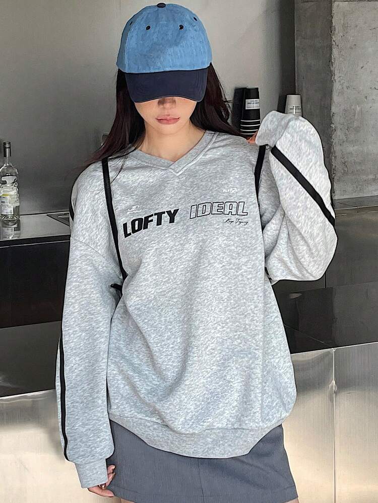 Letter & Side Stripe Print V-Neck Casual Sweatshirt