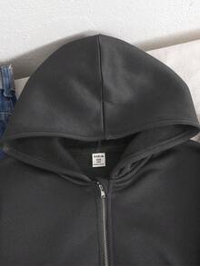 SHEIN 少女休闲连帽落肩长袖拉链外套，秋冬季 - 深灰色 - 查看 2