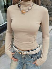 DAZY Women's Turtleneck Long Sleeve Base Layer T-Shirt, Black, Spring/Summer/Autumn - Apricot - View 2