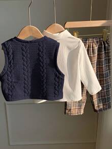 SHEIN 男宝宝秋冬可爱百搭针织背心、格子裤、白衬衫三件套，适合生日派对、锐舞派对、晚宴、演出、婚礼、迎婴派对、一周岁生日庆祝等场合。 - 藏蓝色 - 查看 2