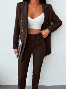 EURMUSE Bộ vest blazer tay dài hai hàng khuy trơn màu và quần âu cho nữ - màu nâu - Xem 5