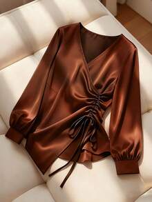 Franclia Women's Chocolate Brown Long-Sleeved Shirt,Autumn Elegant Office Top,Smooth Fabric V-Neck Waist-Cinching Design For Spring To Summer - Brown - View 3