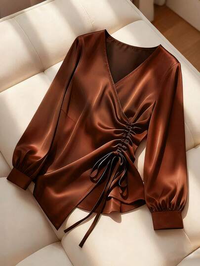 Franclia Spring Holiday Elegant Outfit: New Arrival Women's V-Neck Brown Satin Fabric Shirt Top, Elegant Outfit For Going Out, Waist-Cinching Design With Pleats For A Slimming Effect.