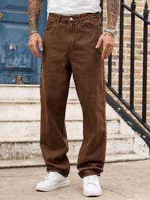 Manfinity Homme Men's Coffee Brown Denim Long Pants Avant-Garde Street Casual Style With Zipper Detail - Coffee Brown - View 3