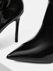 Mnmlis Elegant Wine Red Patent Leather Tall Boots With Metal Buckle Strap, Slim High Heel - Black - View 9