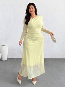 Firerie 大尺碼女款黃色星空風長袖喇叭裙，春夏秋冬四季適用，肩部收腰抓皺網紗設計，適合婚禮、派對、雞尾酒會 - 鵝黃色 - 查看 6