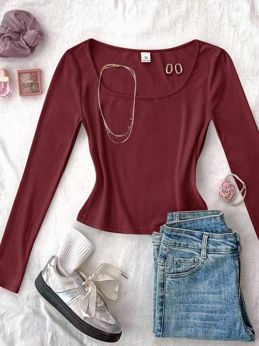 SHEIN T-shirt court à manches longues ajusté décontracté à col rond de couleur unie pour adolescentes - Rouge - Voir 1