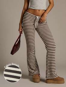 Aloruh Women's New Brown & White Striped Knit Low-Waist Pants - Autumn/Winter Vacation & Beach Style Breathable, Elegant, And Versatile For Casual Daily Wear, Commuting, Home, Layering, Dates, And Holiday Getaways. Perfect For Fall And Winter Lounging Or Seaside Walks.,Fall,Fall Clothes For Women,Women's Winter Clothes - Multicolor - View 2
