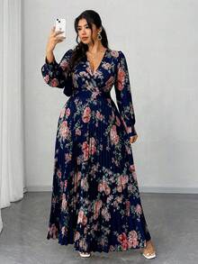 Elenzga 大码女士优雅浪漫碎花长袖V领褶皱飘逸长裙，适合派对、婚礼宾客、春秋季穿着 - 寶藍色 - 查看 1
