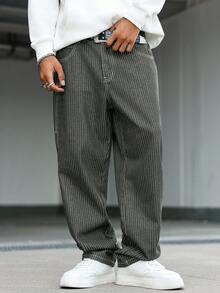 Manfinity Hypemode 男士休闲竖条纹多口袋军绿色工装牛仔裤，街头时尚 - 軍綠色 - 查看 8