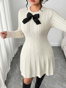 Elenzga Modisches A-Linien-Kleid mit Schleife an der Taille in Große Größen, burgunderrotes Strickpulloverkleid