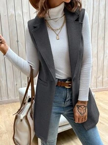 BizChic 女士秋冬翻领无袖中长款羊毛混纺大衣，商务休闲通勤优雅办公装，适合感恩节、圣诞节、新年等场合。 - 深灰色 - 查看 5