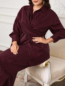 Modelyn Plus Size Women Drop Shoulder Striped Long Sleeve Shirt And Wide Leg Pants Casual 2-Piece Set - Burgundy - View 6