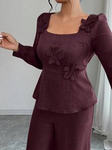 Elenzga 两件套 女士加大码纯色休闲长袖上衣和裤子 - 酒紅色 - 查看 5