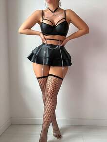 SHEIN 6 件套性感皮革颈链、文胸上衣、链条细节半身裙套装和渔网袜，适合外出穿着 - 黑色 - 查看 3