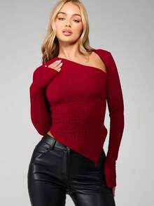 MISSGUIDED Parte superior acanalada asimétrica de hombros descubiertos de manga larga con costillas para invierno y otoño - Rojo - Ver 1