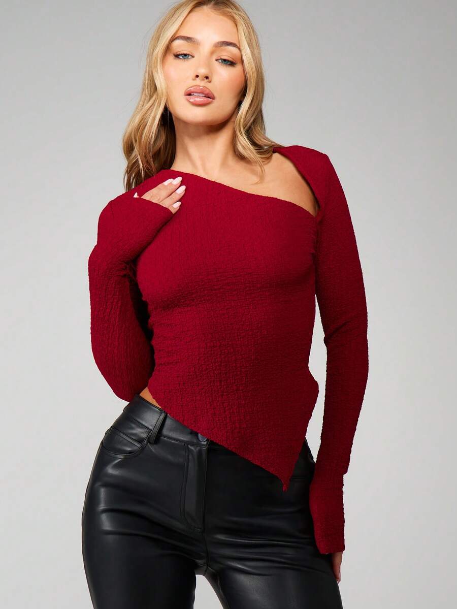 MISSGUIDED Parte superior acanalada asimétrica de hombros descubiertos de manga larga con costillas para invierno y otoño - Rojo - Ver 1