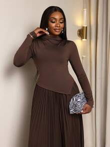Xyvia Women's Dark Brown A-Line Pleated Flared Skirt & Fitted Irregular Hem Long Sleeve Top Set, Sophisticated Elegant Outfit For Birthday, Date, Party, Formal Occasion - Brown - View 6