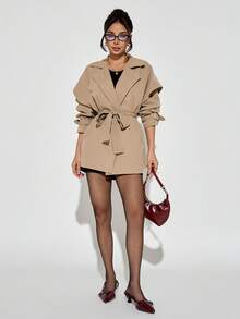 SHEIN PETITE Utumn And Summer And Summer Women's Commuter Fashion Trench Coat, Spring And Summer Women's Trench Coat, Khaki Women's Trench Coat, Women's Spring Clothing,And Spring And Autumn Essentials, Trench Coat Casual Wear - Khaki - View 5