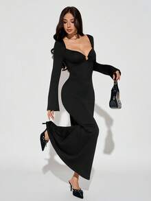 SHEIN PETITE Vestido elegante de unicolor con cuello corazón, manga larga, aro redondo, bajo de cola de pez, ajustado, escote bajo, vestido de cuello en V profundo, vestido largo negro, para mujeres petite - Negro - Ver 5