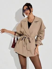 SHEIN PETITE Utumn And Summer And Summer Women's Commuter Fashion Trench Coat, Spring And Summer Women's Trench Coat, Khaki Women's Trench Coat, Women's Spring Clothing,And Spring And Autumn Essentials, Trench Coat Casual Wear - Khaki - View 7