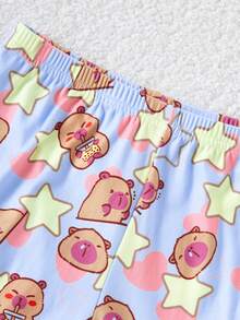 SHEIN 2件套女童可爱熊动物印花蓝色上衣和熊星全身印花舒适柔软弹力针织贴身家居服套装 - 彩色 - 查看 6