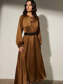 Aveloria Modichic Brown Tie Collar Cinching Waist Midi Dress, Long Sleeve With Belt, Elegant French Retro Style, Suitable For Dates And Afternoon Tea - Brown - View 3