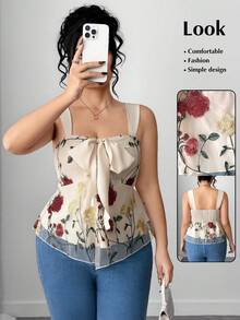 Elenzga Plus Size Casual Apricot Floral Embroidered Flared Hem Wide Strap Tank Top With Knot Detail And Regular Length - Apricot - View 1