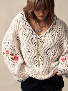 Bohemela Boho Autumn/Winter Women's Vintage Floral Embroidery Hollow Out V Neck Long Sleeve Loose Knit Sweater, Western Country Style Concert Party, Suitable For Beach Vacation & Daily Wear & Back To School & Going Outs, New Year Clothes, Valentines Clothes, 2000s Clothes, Summer Holiday Outfits, Beach Outfit, Winter/Spring