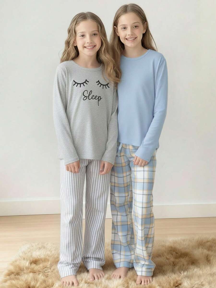 4件套女童纯色紫色上衣+格子裤套装，白色英文字母和睫毛印花上衣+格子裤+发圈 - 藍色 - 查看 1