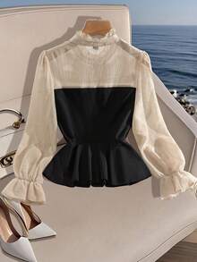 GlowEve CURVE 大码女式半透明拼接立领荷叶边修身长袖优雅百搭约会衬衫 - 黑色 - 查看 2