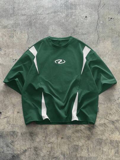 AXEPEAK Camiseta de manga corta con cuello redondo y estampado de color contrastante para hombres