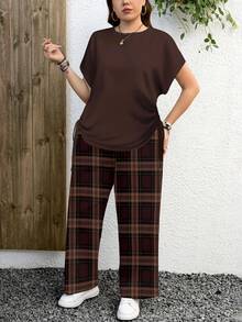 EMERY ROSE 休闲简约酒红色和红棕色格子图案撞色加大码两件套，适合所有季节 - 彩色 - 查看 5