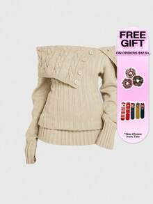 ROMWE Y2K风格露肩罗纹针织毛衣，腰部收紧 - 咖啡棕 - 查看 9